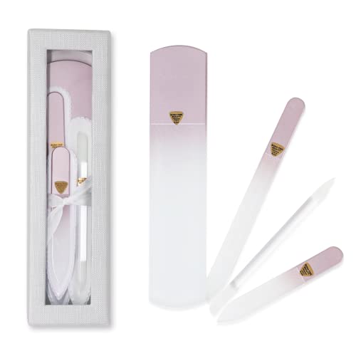 Bona Fide Beauty Handmade Czech Glass Manicure Pedicure Gift Set for Women, 4PC Gift Set in Rose Gold with Glass Foot File, Cuticle Pusher and Two Nail Filers