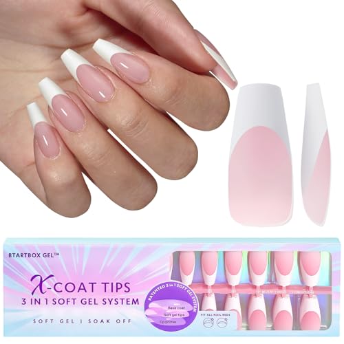 BTArtboxnails French Gel Nail Tips - French Tip Press on Nails Pink Medium Coffin XCOATTIPS Pre-applied Tip Primer & Base Coat, No Need to File Fake Nails for Nail Art DIY