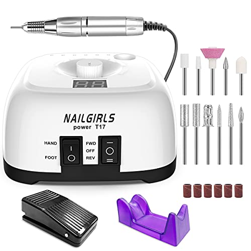 NAILGIRLS Electric Nail Drill Machine - 35000RPM Professional Efile Nail File Kit with Foot Pedal for Acrylic Nails Gel Nails, Manicure Polishing Shaping Buffing, Home Salon Use