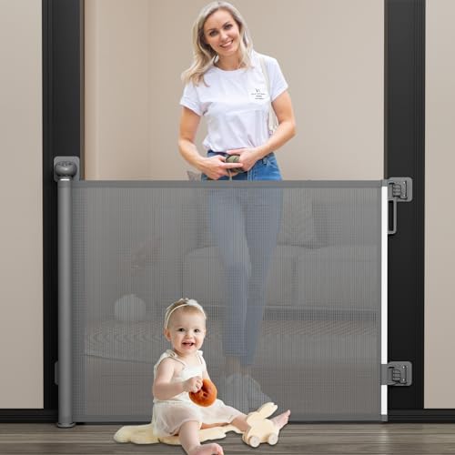 Babepai Baby Gate for Stairs 𝐍𝐨 𝐃𝐫𝐢𝐥𝐥, Punch Free Retractable Baby Gates Extends to 54" Wide 34" Tall, Reractable Dog Gate for Doorways, Stair Gate for Outdoor, Indoor, Hallways, Deck, Porch