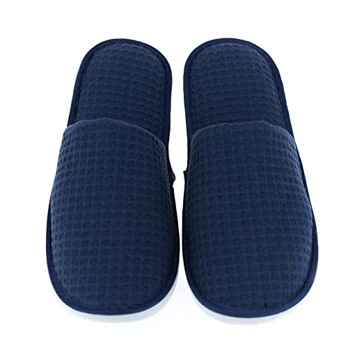 LUXEHOME Disposable Slippers, Closed Toe Comfort Waffle Guest Spa Slippers, 2 Size Slippers Fit Most Women and Men, Navy Blue and White, 5 Pairs