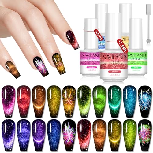 SAVILAND 12 Colors Crystal Cat Eye Gel Nail Polish Set Glitter Spring Summer Shiny Dreamy Series with Double-head Magnetic Stick Reflective Disco 2023 Manicure DIY Sparkle Nail Art Salon Home Gifts