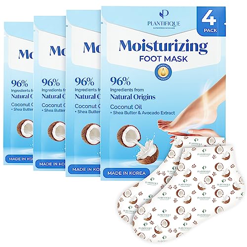 PLANTIFIQUE Hydrating Foot Mask for Dry & Cracked Feet 4 Pack box - Korean Skin Care Hydrating Socks for Soft Heels - Intense Moisturizing and Repairing Dry Rough Skin - Foot Spa - Happy Feet Mask
