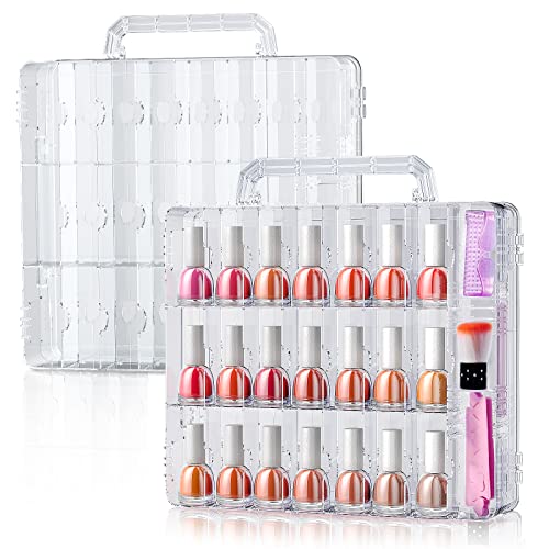 SUBAY 2 Pcs Portable Nail Polish Organizer, Clear Double Side Nail Polish Holder,Gel Nail Storage for 48 Bottles with 6 Adjustable Dividers in Each Side Space Saver