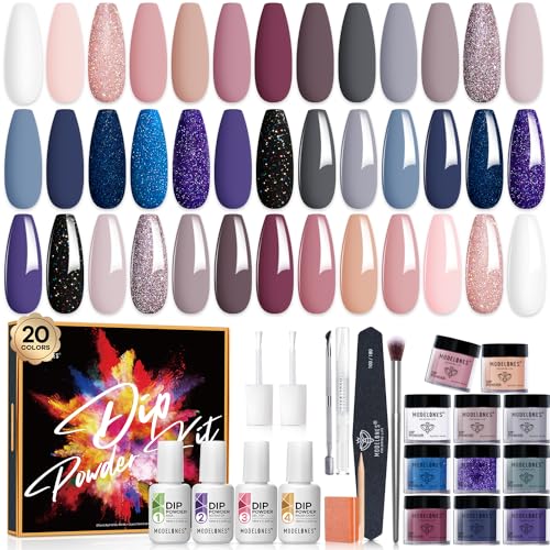 Modelones 32 Pcs Dip Powder Nail Kit Starter, 20 Colors Nude Glitter Acrylic Dipping Powder System Essential Liquid Set with Base&Top Coat Activator Brush Saver French Nail Art Manicure DIY Salon Kit