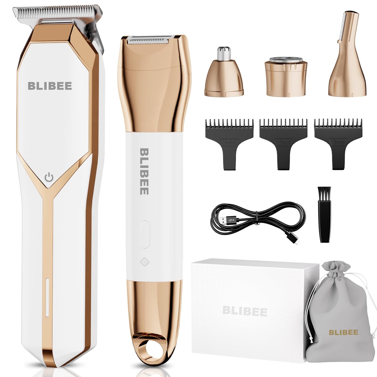 BLIBEE Bikini Trimmer & Hair Clippers for Women - Waterproof Electric Razor and 4 in 1 Bikini Shaver Set, Deluxe Hair Trimmer, Wet/Dry Body Shaver for Nose Eyebrows Beard Pubic Hair, White