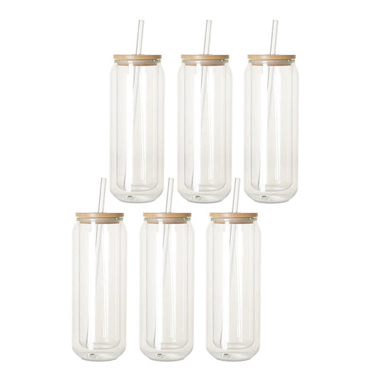 Sublimation Glass Can Double Wall With Bamboo Lid And Glass Straw 15 oz 6 Pack