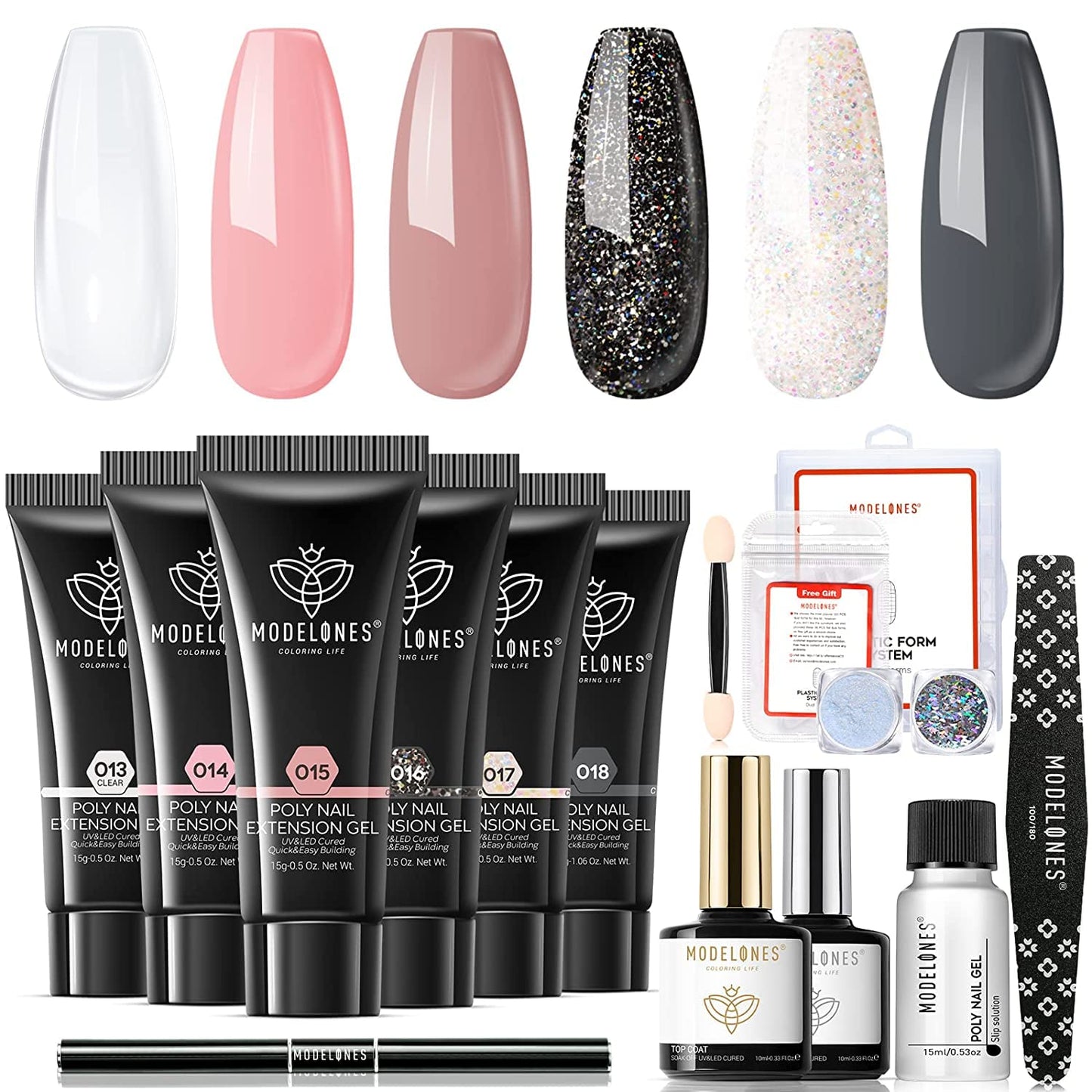Modelones Poly Nail Gel Kit Enhancement Builder Nail Gel Nude Gray Pink Glitter Nail Extension Gel Kit with Slip Solution Trial Professional Technician All-in-One French Nail Kit Gift for Christmas