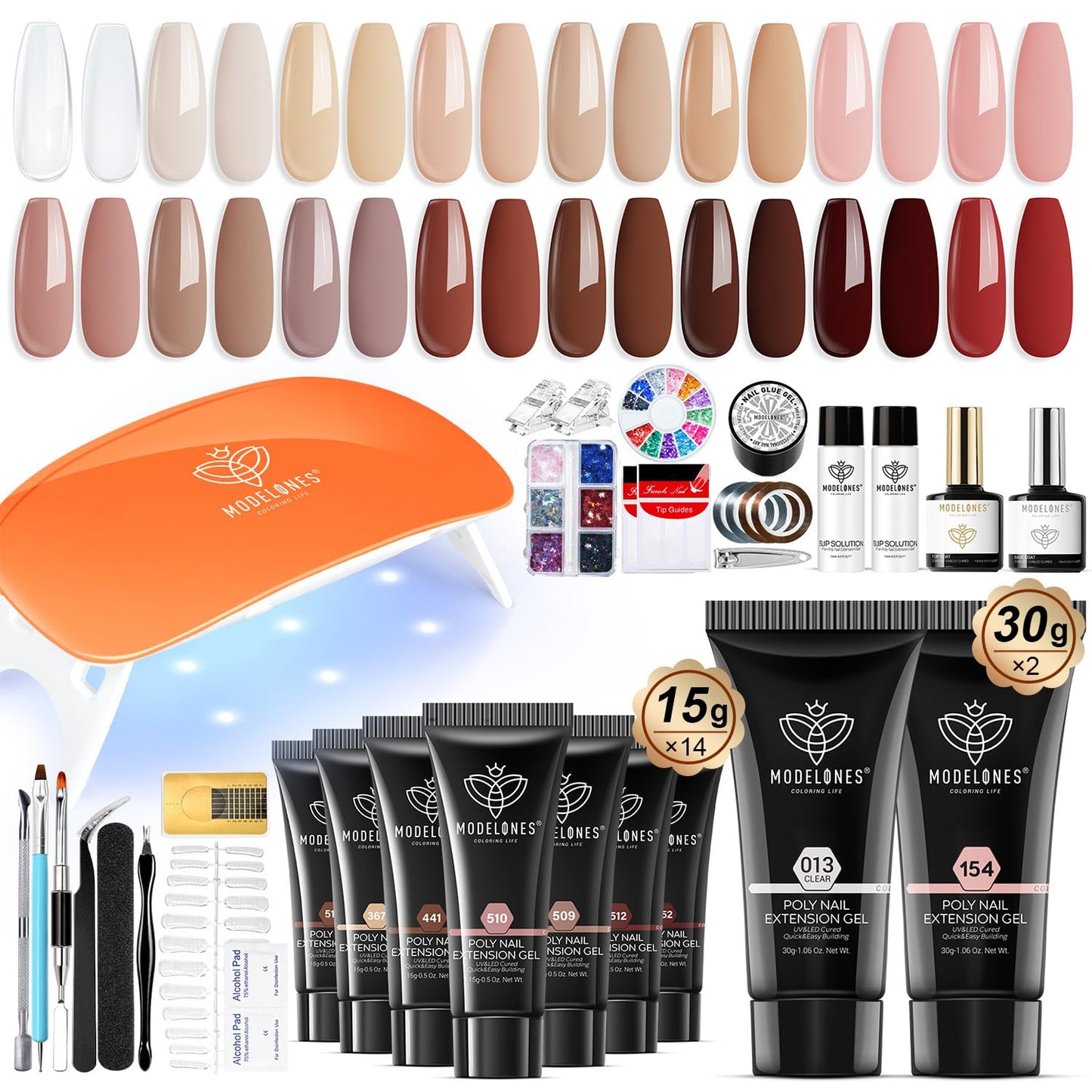 Modelones 16 Colors Poly Nail Gel Kit with Nail Lamp Clear Nude Pink Brown Red Complete All-in-one Kit Nail Extension Art Nail Thickening Solution