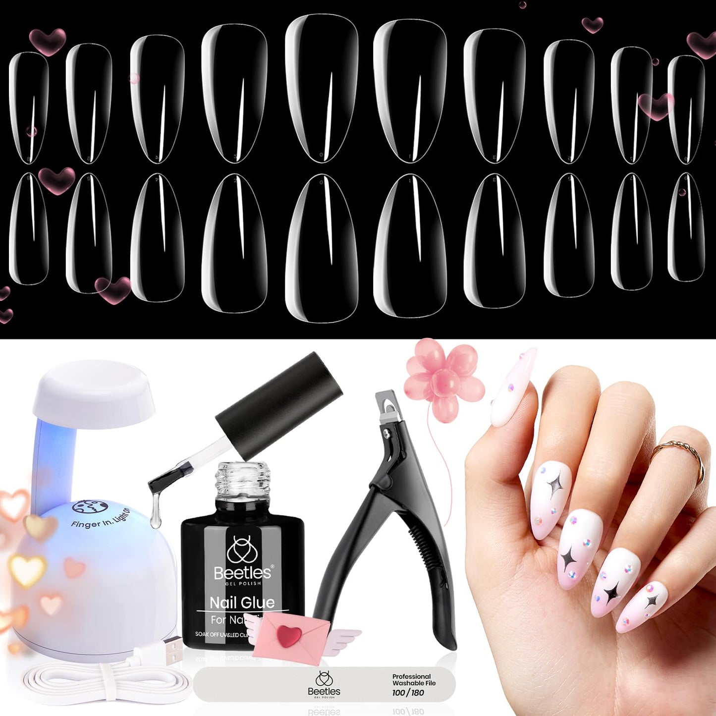 Beetles Gel Nail Kit Easy Nail Extension Set 5 In 1 Nail Glue Gel with Pre shaped Medium Almond Soft Gel Nail Tips and UV Led Nail Lamp Acrylic Nail Clipper for Nail Art Diy Beetles Valentine's Gift