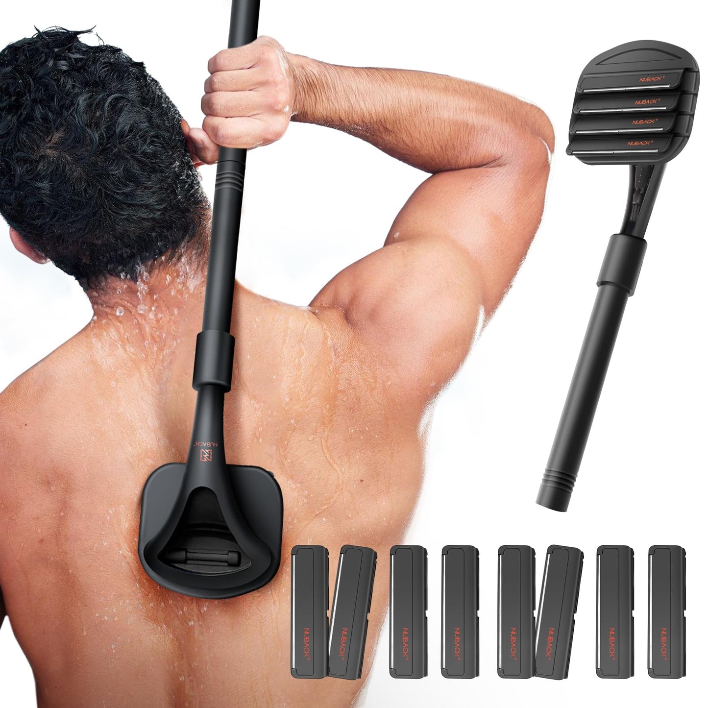 NUBACK Back Shavers for Men Long Handle, Mens Back Body Hair Trimmer DIY with 2 Adjustable Length Handles, Wet or Dry Shaving Men's Back Shaver (8 replaceable extra wide blades included)
