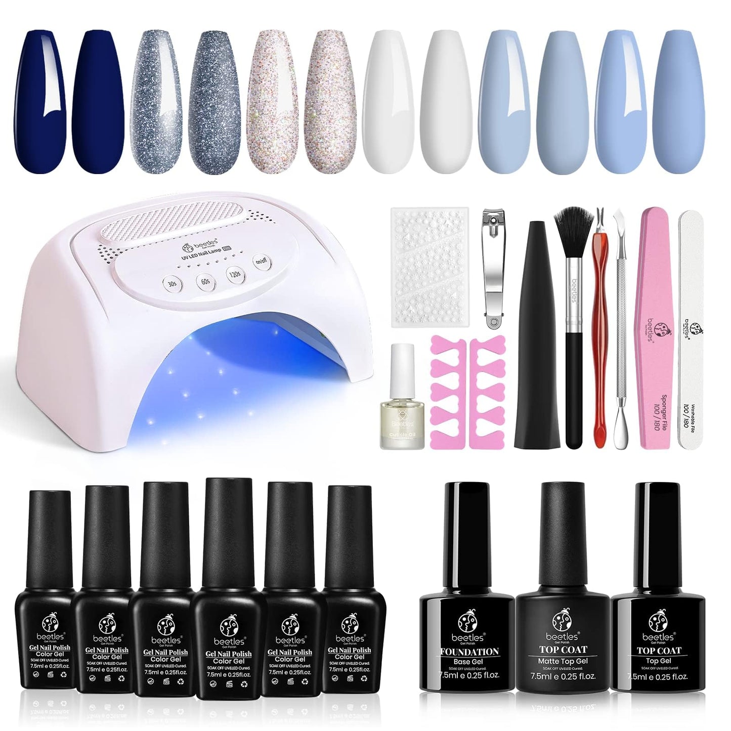 Beetles Gel Nail Polish Kit with U V LED Light 48W Nail Dryer, 6 Colors Blue Glitter White Gel Polish Kit Nail Sticker Snowflakes DIY Home Gel Nail Kit Manicure Set Gift for Women Girls