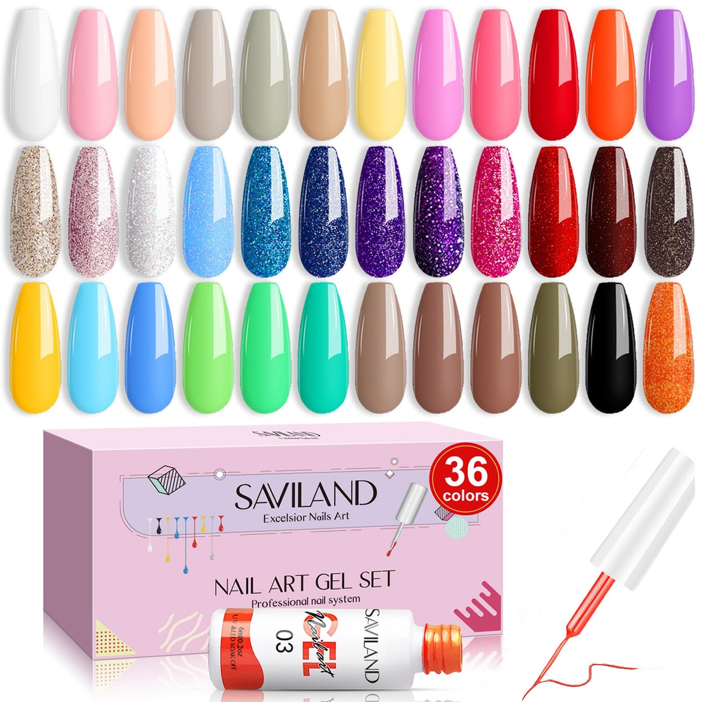 SAVILAND Reflective Glitter Gel Polish - 36 Colors All Seasons Gel Liner Soak Off Nail Polish Gel Polish With Built-in Thin Nail Brush Nail Art DIY At Home Beginner-Friendly French Manicure Kit Gift
