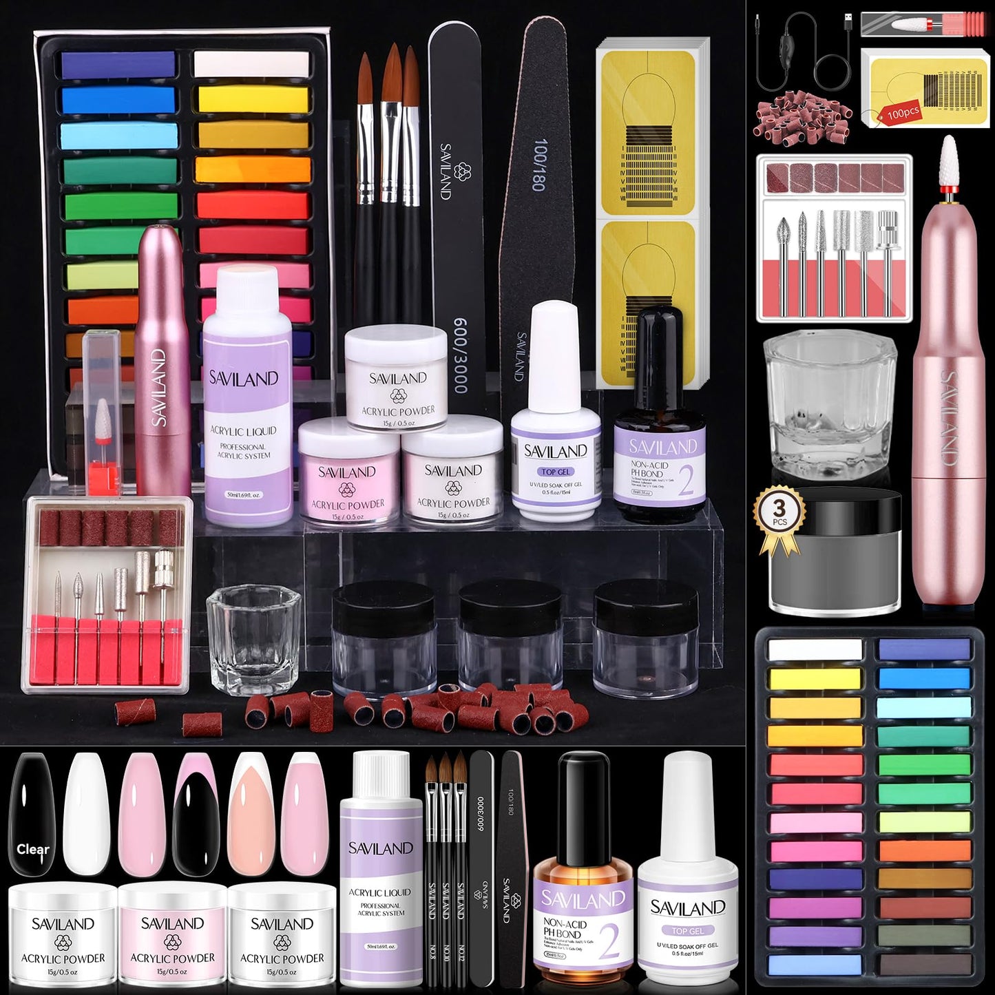 Saviland Acrylic Nail Kit with Drill: Beginners Nail Kit Acrylic Powder and Monomer Nail Drill Acrylic Nail Brush Nail Chalk for Acrylic French Nails Easy To Use Acrylic Nail Kit with Everything