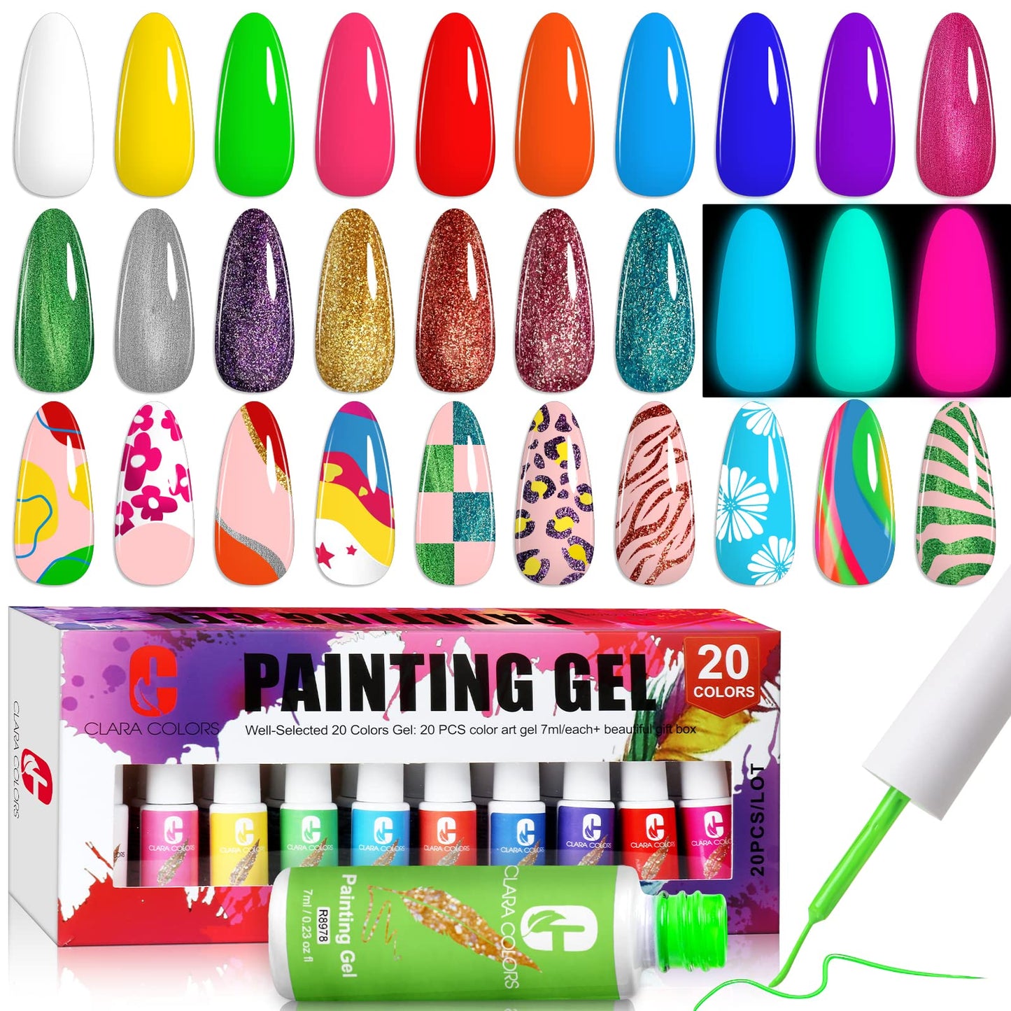 Clara Colors Gel Polish Nail Art Gel Liner Set, 20 Colors Gel Polish for Swirl French Tip Painting Designs Built Thin Nail Art Brush in Bottle Gel Soak Off UV Led Nail