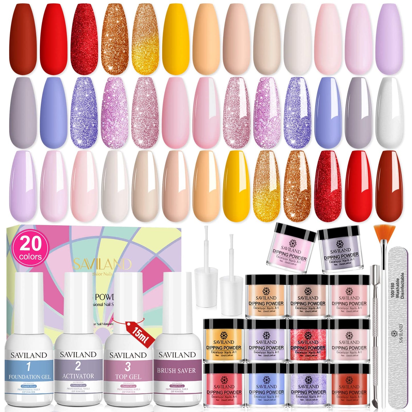 Saviland 20ml Dip Powder Nail Kit - 31PCS Dipping Powder System with Dip Powder Liquid Set Manicure Tools Kit Love at First Sight Series Dip Nails Art Powder Starter Kit for Ladies Women