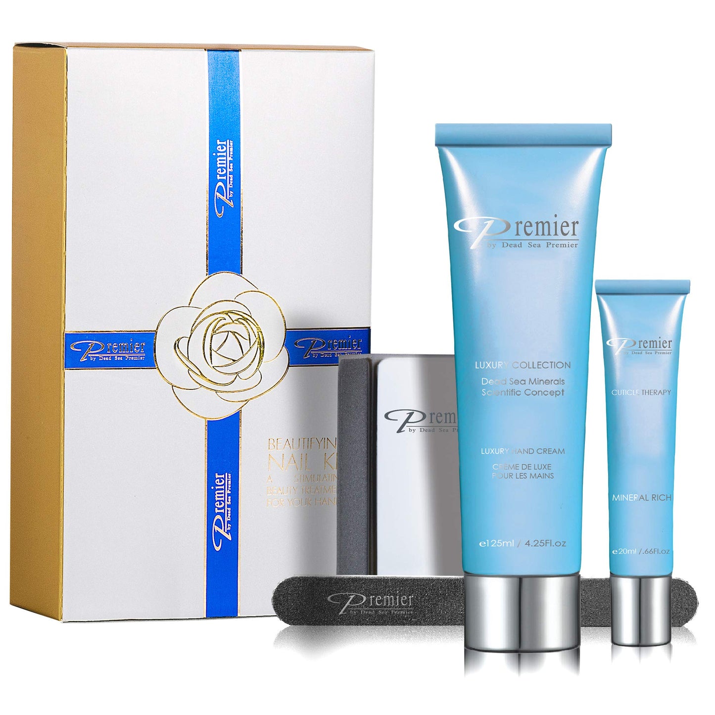 Dead Sea Premier Beautifying Nail Kit Milk and Honey - Salon Quality Manicure, hand & Body Lotion, Cuticle Oil, Nail File, 3 step Buffing Block