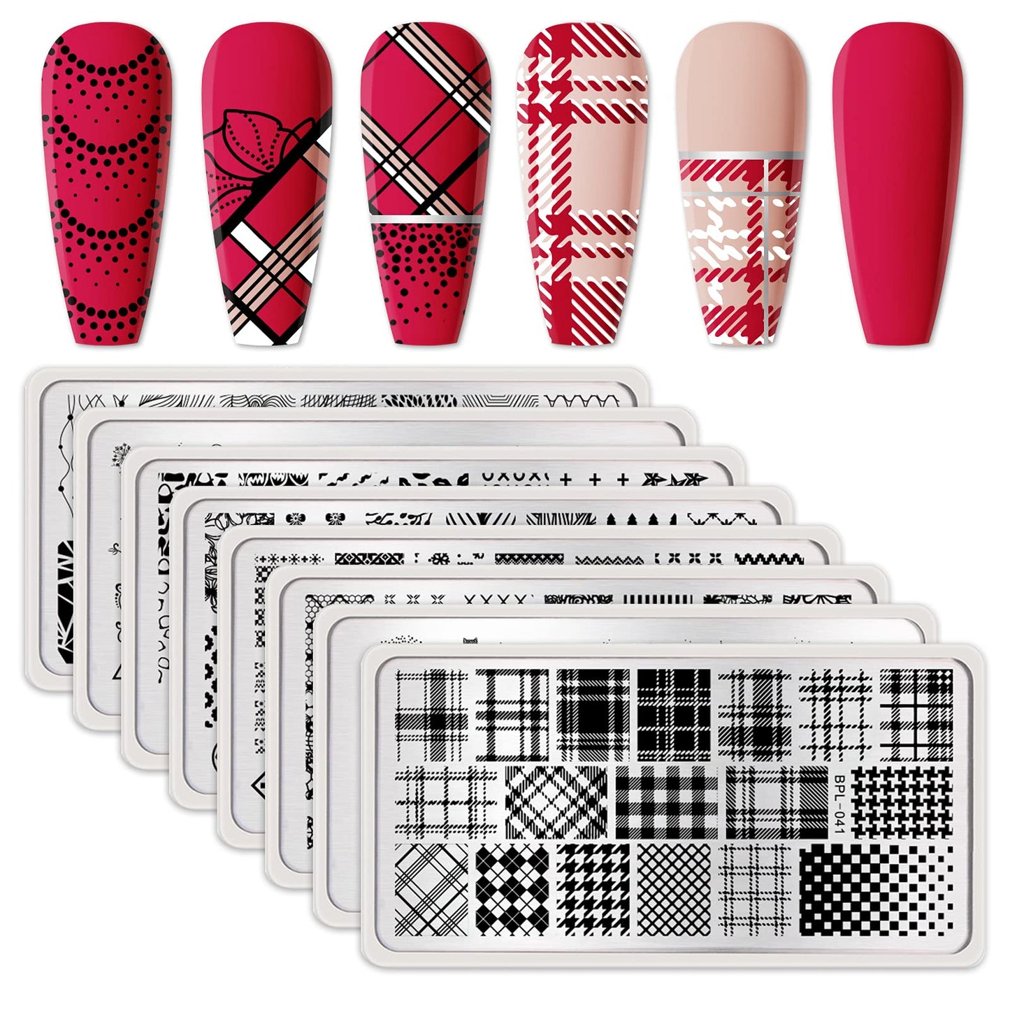 Born Pretty Nail Stamping Plates Set New Year Nail Art Image Plates Snow Plaid Flowers Leaves Lace Stamp Templates Kit Image Manicuring DIY Printing Tools 8PCS