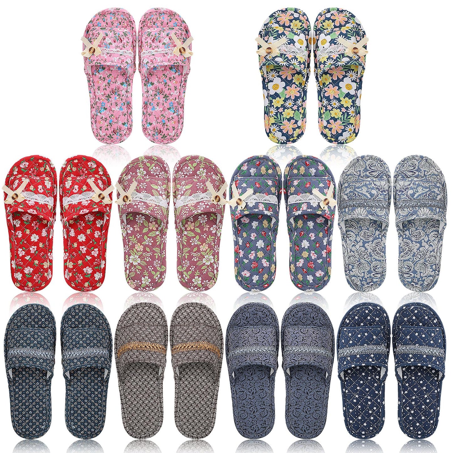 Chuarry 10 Pairs Floral House Slippers for Guest Women Washable Indoor Open Toe Slippers Comfortable Soft Cotton Linen Slippers Portable Foldable Slippers for Hotel Travel Airplane Spa, 2 Sizes