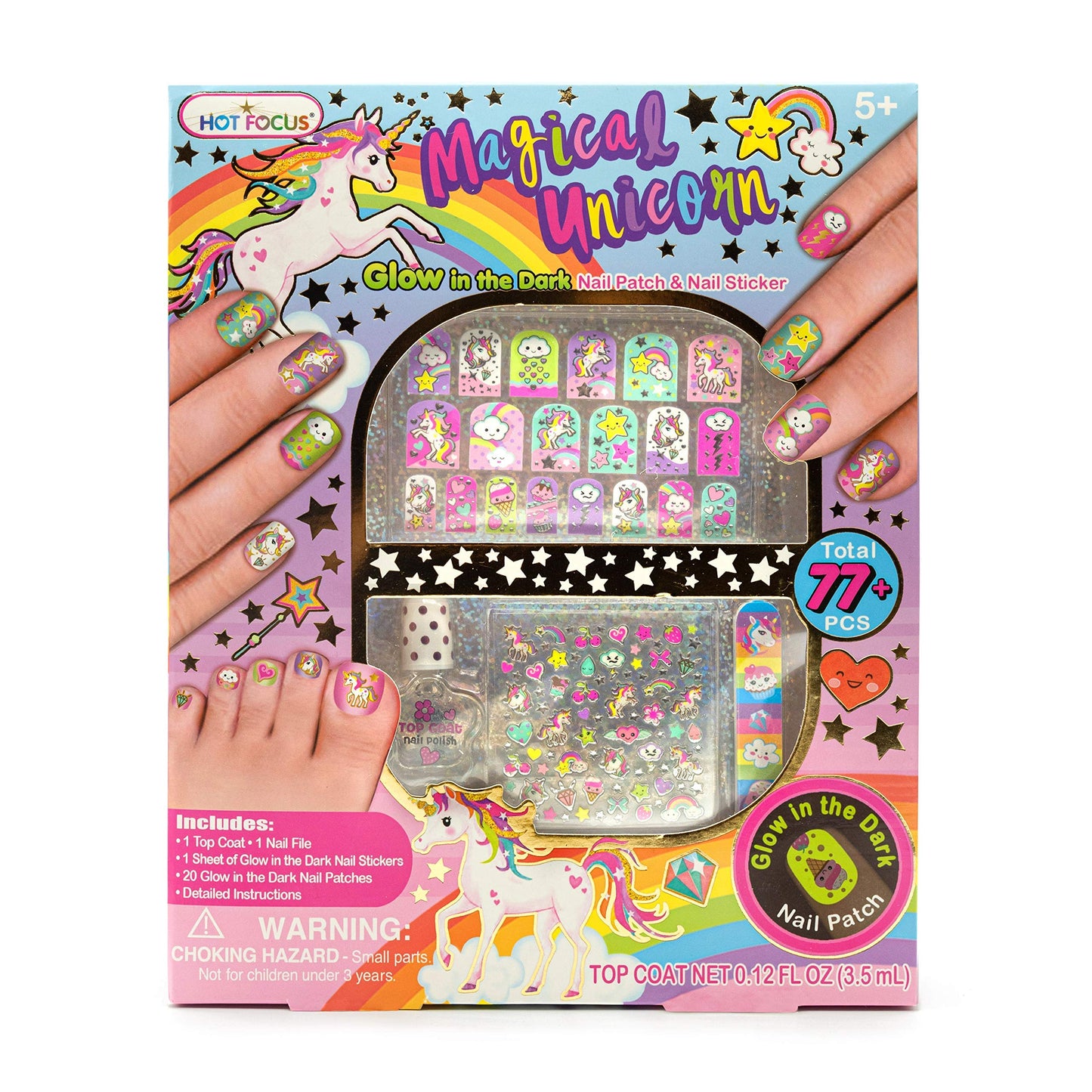 Hot Focus Unicorn Nail Kit – Kids Nail Polish Set for Girls Ages 5 6 7-12 with 77+ Pieces, Spa Kit, Nail Art Decoration Set, Glow-in-the-dark, Stickers, and Water-Based Polish - Girls' Nail Kit.