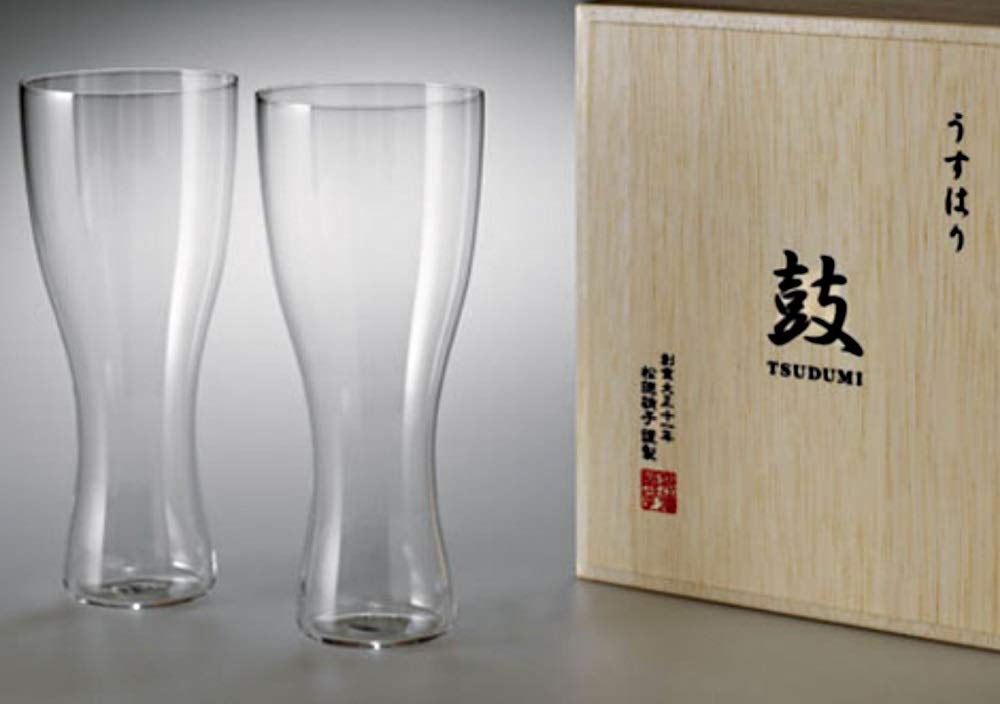Shotoku Glass TSUDUMI Usuhari Beer Glass Set of 2 Thin Glass in Wooden Box NEW