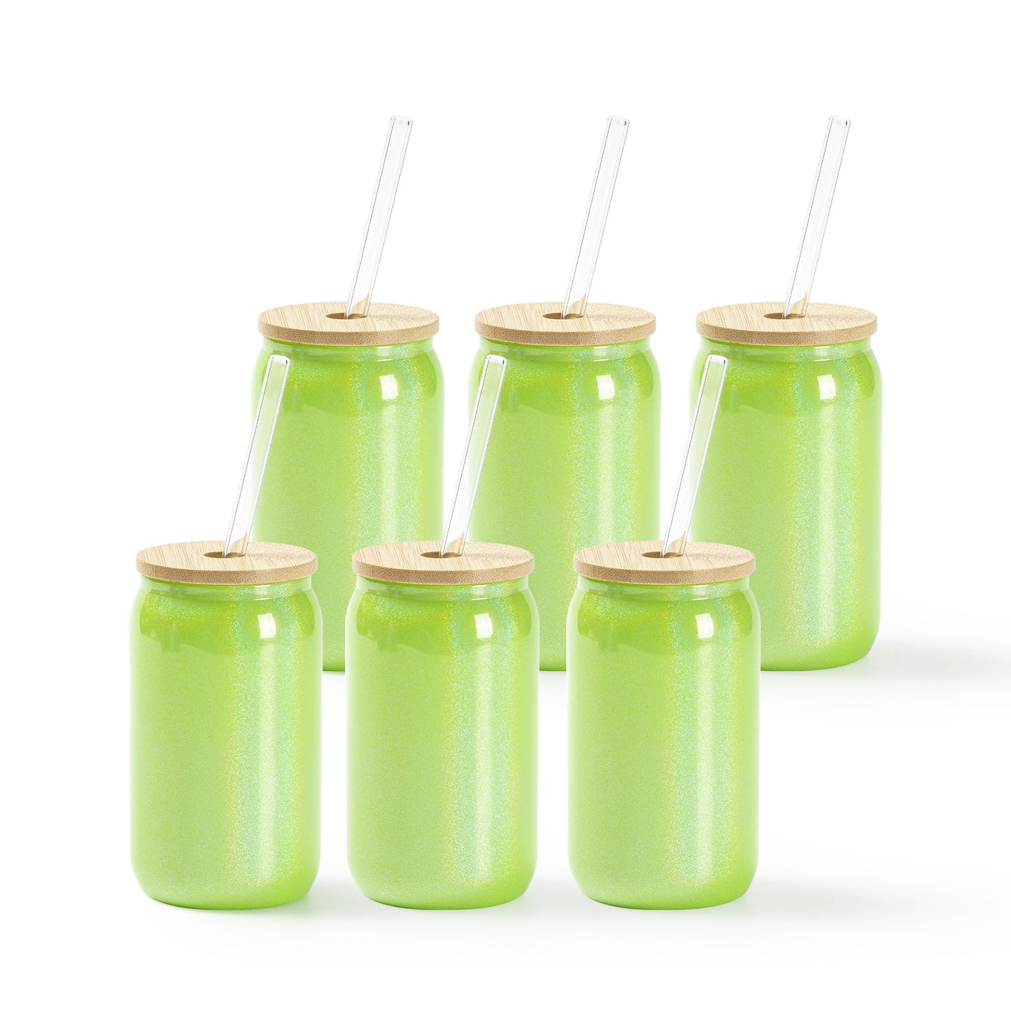 Sublimation Iridescent Glass Can Tumbler Glitter 4 Colors with Bamboo Lid and Glass Straw 13 OZ 6 Pack