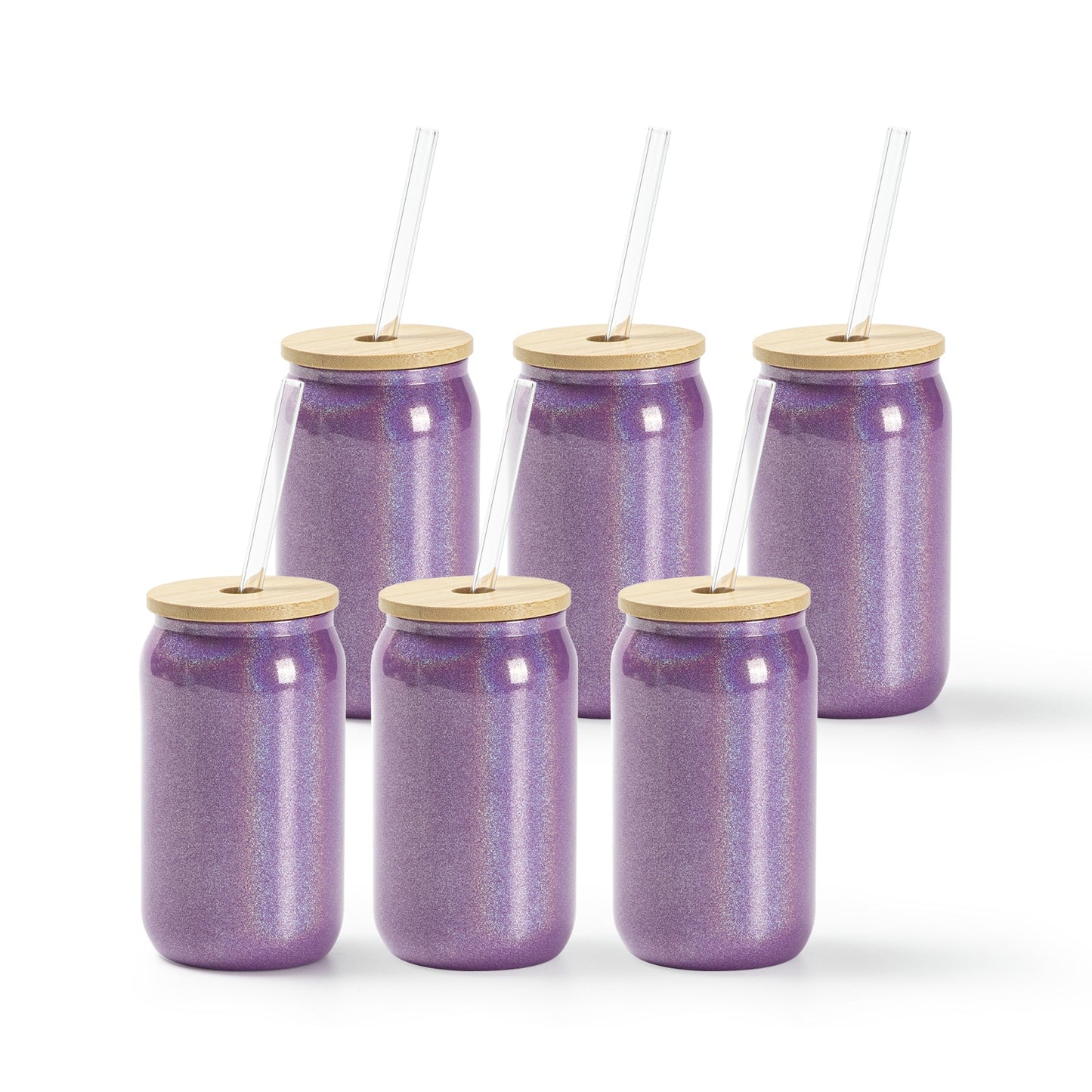 Sublimation Iridescent Glass Can Tumbler Glitter 4 Colors with Bamboo Lid and Glass Straw 13 OZ 6 Pack