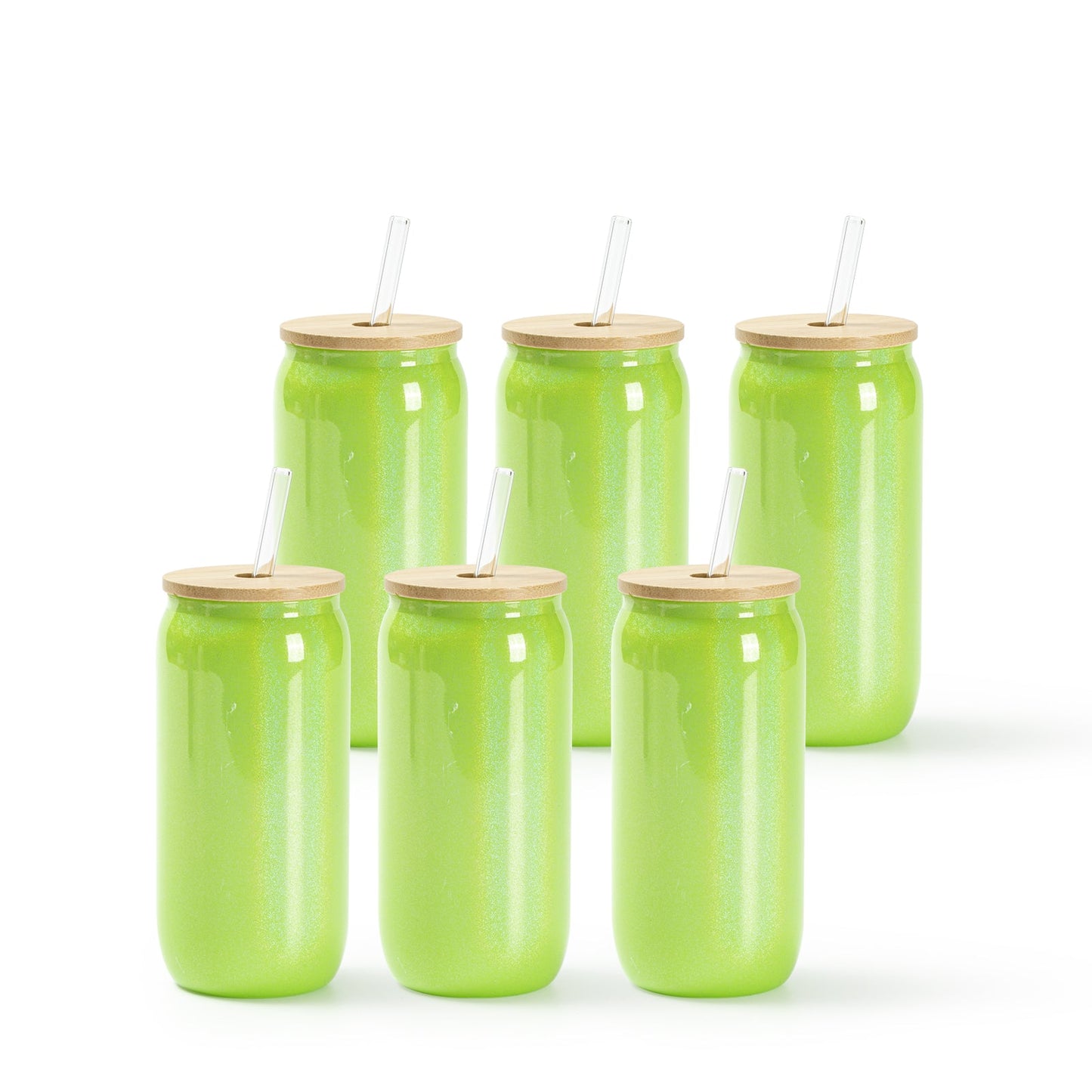 Sublimation Iridescent Glass Can Tumbler Glitter Color with Bamboo Lid and Glass Straw 18 OZ 6 Pack