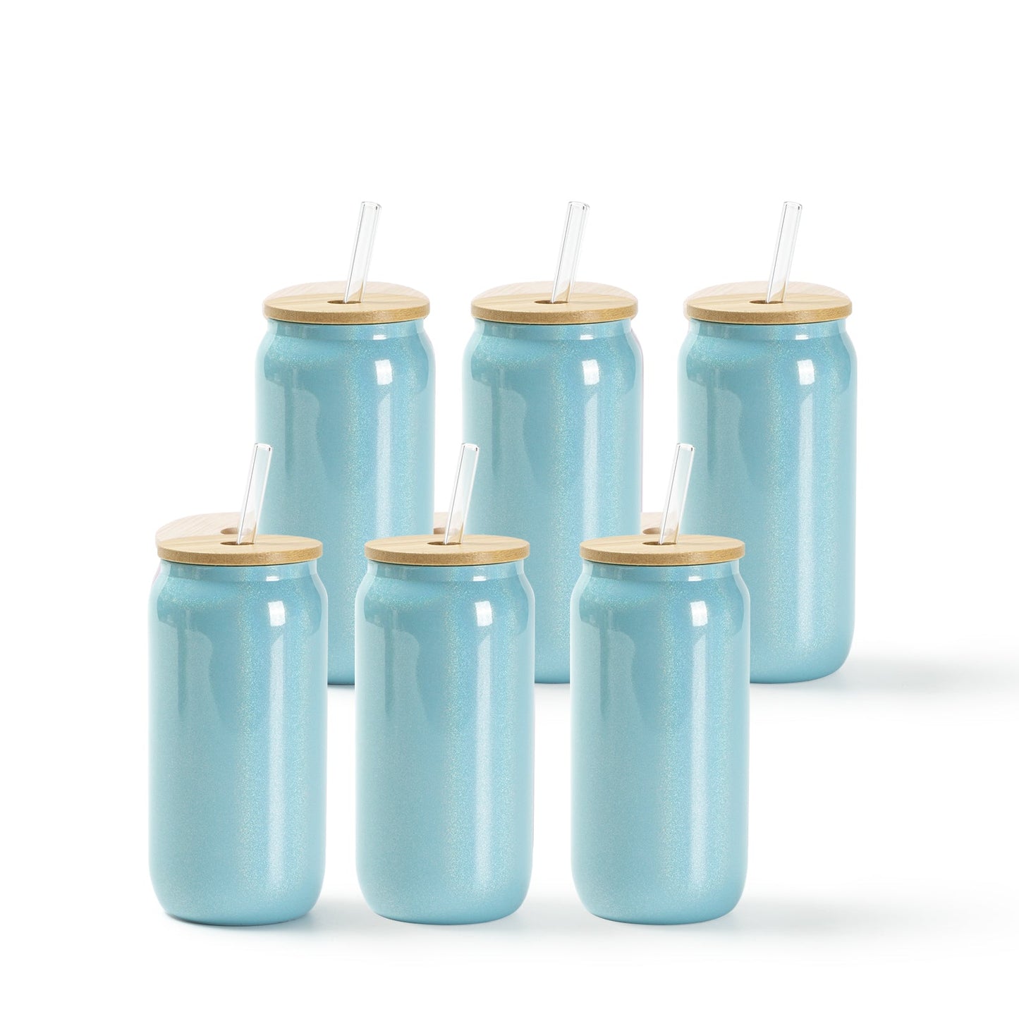 Sublimation Iridescent Glass Can Tumbler Glitter Color with Bamboo Lid and Glass Straw 18 OZ 6 Pack