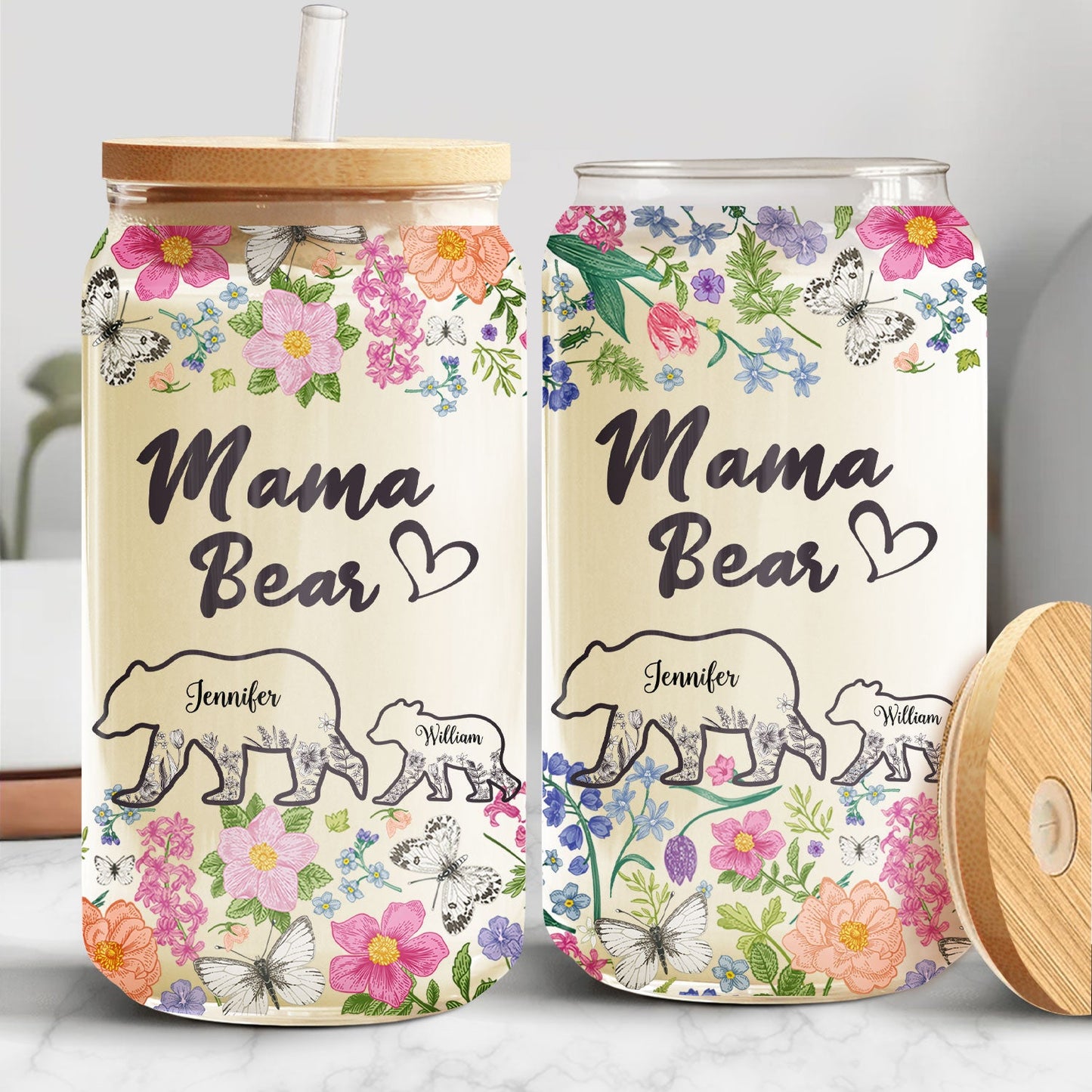 Floral Mama Bear - Gift For Mother - Personalized Clear Glass Can