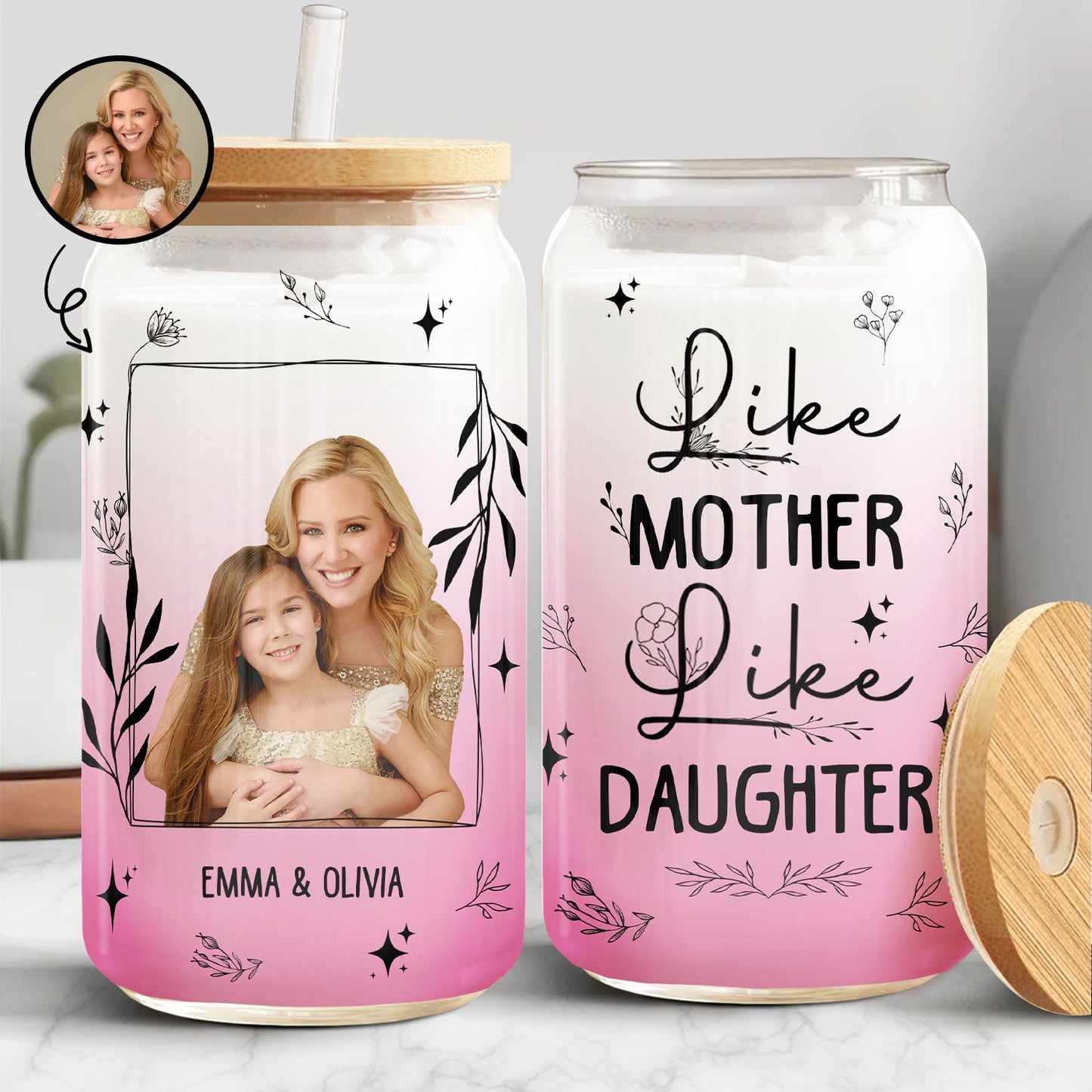 Custom Photo Like Mother Like Daughter - Multilingual Gift For Mother & Daughter - Personalized Clear Glass Can