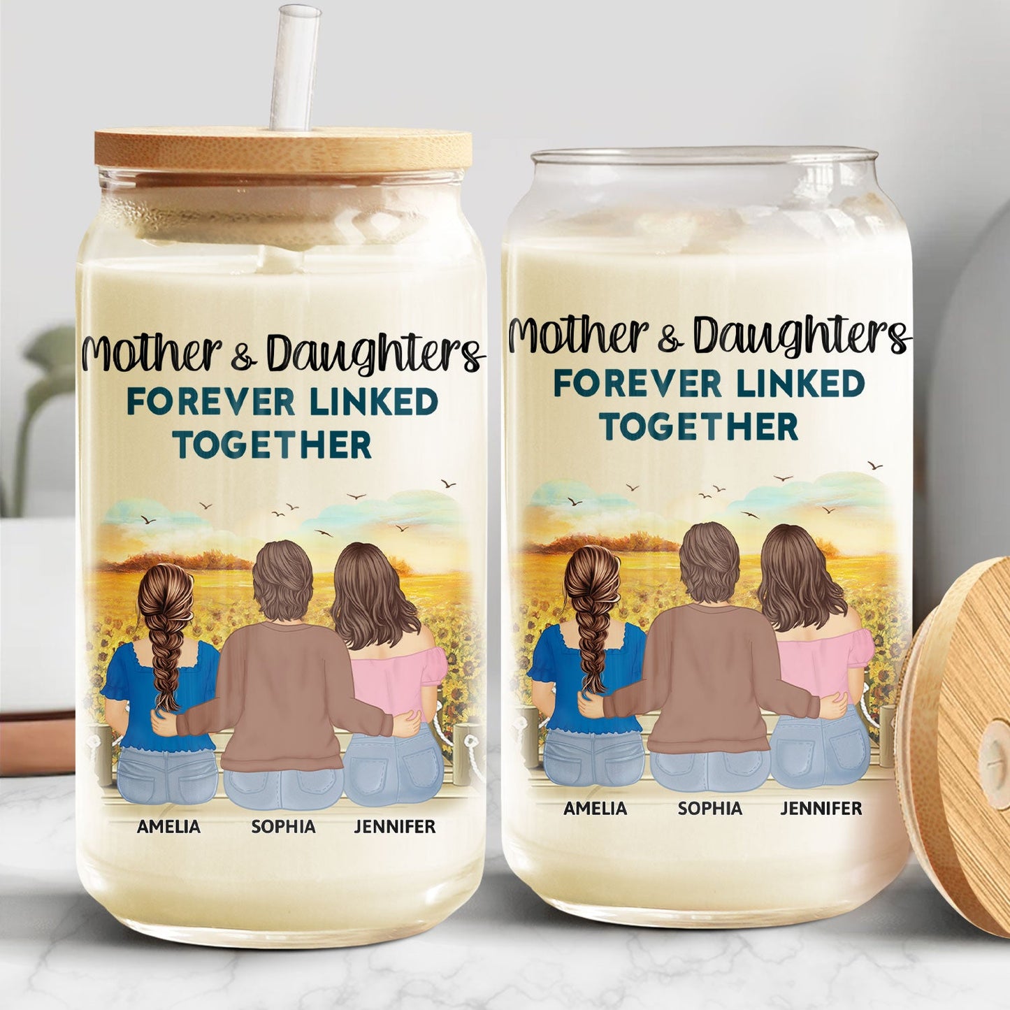 Mother And Daughters Forever Linked Together Adult & Kid - Gift For Mom, Mother, Grandma - Personalized Clear Glass Can