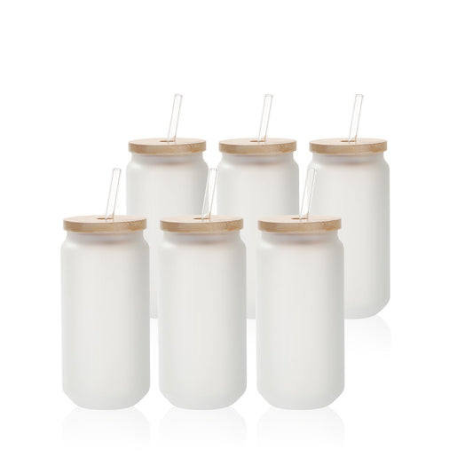 Sublimation Glass Beer Can Frosted White or Clear with Bamboo Lid and Glass Straw 18 OZ 6 Pack