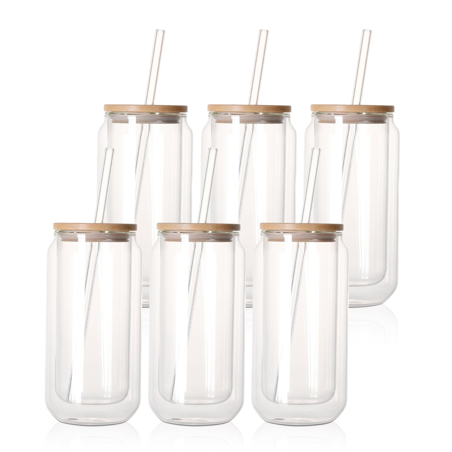 Sublimation Glass Can Double Wall With Bamboo Lid And Glass Straw 10 Oz 6 Pack