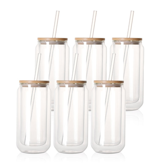 Sublimation Glass Can Double Wall With Bamboo Lid And Glass Straw 10 Oz 6 Pack