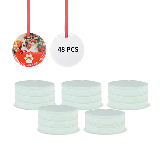 Wholesale Sublimation Glass Ornament Round with Red Ribbon 3 Inch 48 PCS