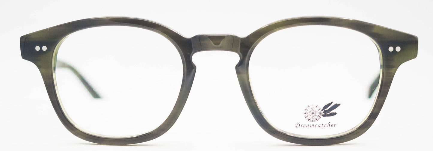 dreamcatcher eyewear claire handmade in japan designed in canada maple leaf motif vintage ladies men women male unisex bold sophisticated olive green keyhole bridge scholar smart front view