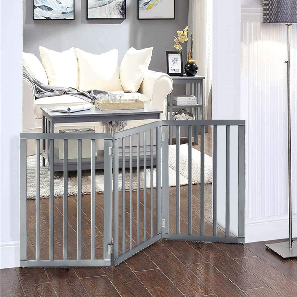 Folding Pet Gate Dog Fence Child Safety Indoor Durable Free Standing Wood Pet Gate Living and Home Grey