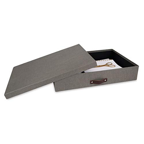 Bigso Sverker Canvas Fiberboard Legal and Art Storage Box | Scrapbook Storage Box for Loose Papers and More | Durable Document Boxes with Lid and Leather Handle | 17.1’’ x 12.2’’ x 3.3’’ | Grey