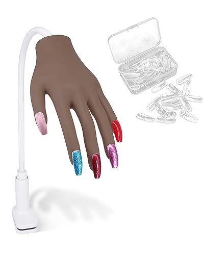 Silicone Hand for Acrylic Nails, Professional Silicone Practice Hand for Nails, Nails Never Fall Off, Flexible Bendable Acrylic Nail Practice Hand with Clear Nail Tips, Coffee Color
