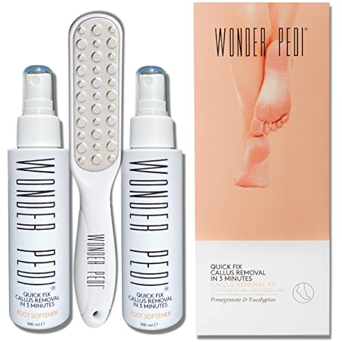 Feet Callus Remover - Instant Exfoliating Peel Foot Spray - Cracked Heels Softener – Metal Foot File Scrubber Dead Skin Remover Professional Spa Pedicure. Wonder Pedi