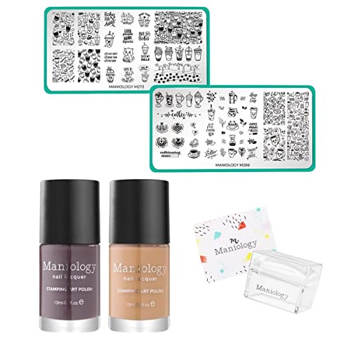 Maniology Coffee or Tea Nail Stamping Bundle, Coffee and MilkTea Lover Manicure (Plates, Polishes, Stamper and Scraper Card)