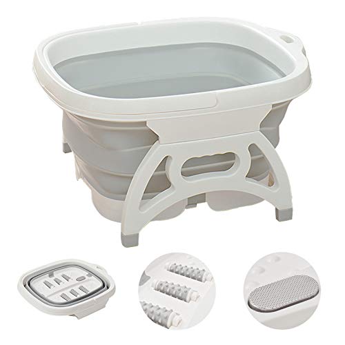 Lejesth Large Collapsible Foot Soaking Bath Basin with Foot Callus Remover and Massage Rollers,Foldable Plastic/Rubber Foot Bath Bucket Tub,Pedicure Foot Soak Bath (Grey)