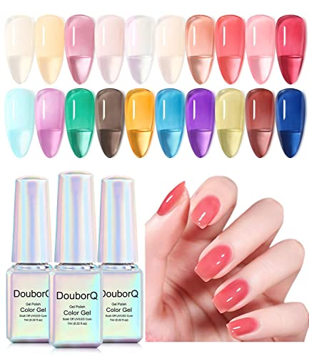 DouborQ 20 colors Jelly Gel Nail Polish Set,Nude Pink Gel Nail Polish Transparent Colors Purple Blue Black U V LED Soak Off Nail Polish Gel
