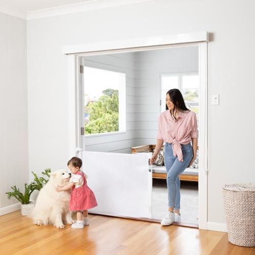 Perma Child Safety Indoor/Outdoor Retractable Baby Gate 33" Tall, Extends to 71" Wide, White