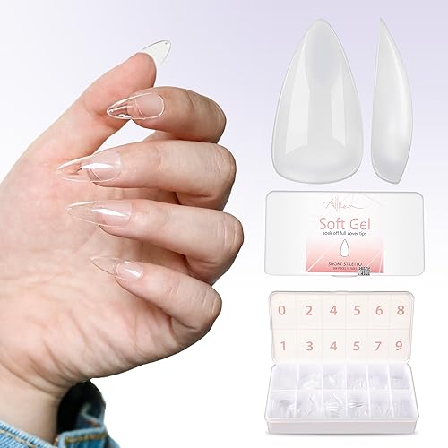 Allkem Medium Short Stiletto 504 Pcs | Clear Soft Gel Nail Tips | 12 Sizes Short Full Cover Nail Kit