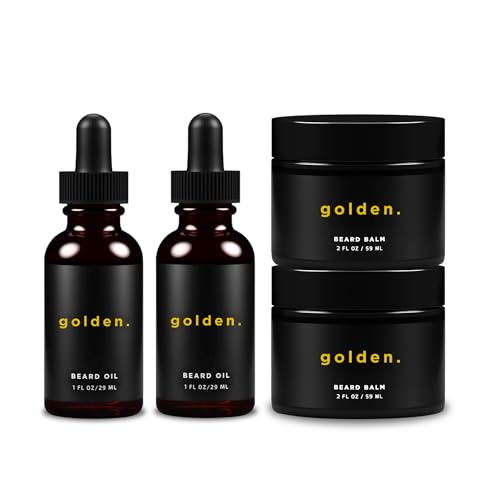 Golden Grooming Co. Beard Oil & Beard Balm Bundle for Men - Natural & Organic Beard Growth Kit - Tame, Style, Soften, and Moisturize Beard & Mustache - Infused with Shea Butter - 4 Piece Set