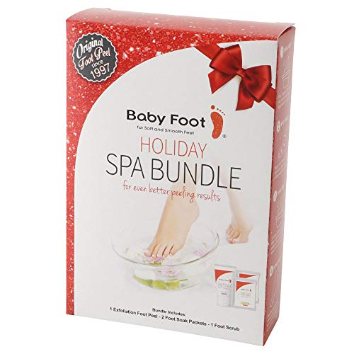 Baby Foot Spa Bundle Holiday Version - Original Exfoliant Foot Peel + 2 Foot Soaks & Foot Scrub - Repair Rough Dry Cracked Feet and remove Dead Skin, Repair Heels - Baby Soft Smooth Lavender Scented