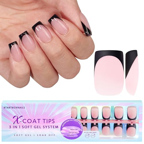 btartboxnails XCOATTIPS French Nails - Black French Tip Press on Nails, Soft Gel Square Nail Tips, Medium Press on Nails, Soak Off Acrylic Nails Extensions Pink