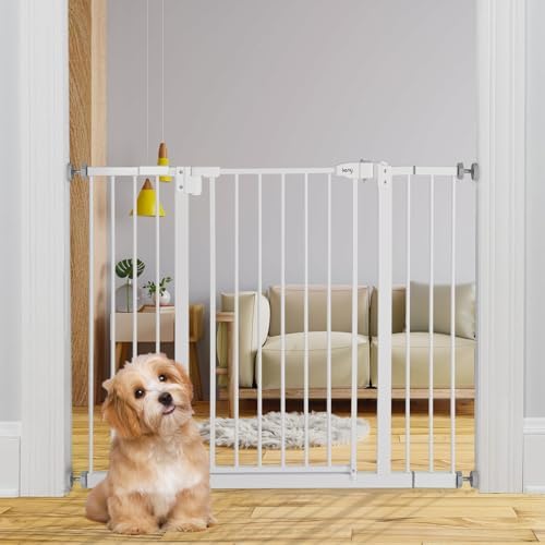 keny 29"-42.5" Baby Gate for Stairs, Auto Close Safety Dog Gate, Pressure Mounted Easy Walk Through Pet Gate for Doorways, Durable Safety Stair Gate, 30" Tall, White